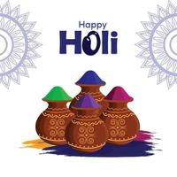 Happy holi greeting card with colorful mud pot and drum vector