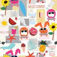 Cute summer object on sunny day cartoon pattern vector