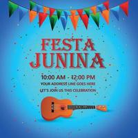 Festa junina party event with colorful party flag and guitar vector