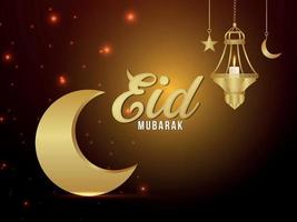Eid mubarak golden text effect with arabic lantern and gold moon vector