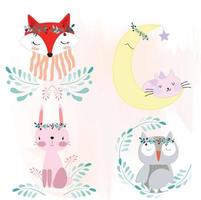 Sticker of fox, rabbit, bear, owl. Garden style vector