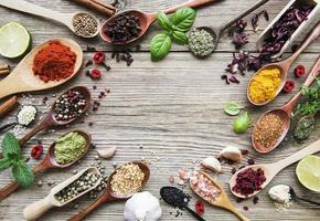 Frame of spices on a wooden table in spoons photo