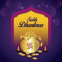 tarjeta de felicitación de invitación de celebración de shubh dhanteras con olla de moneda de oro creativa vector