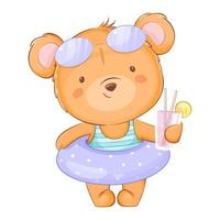 Cute little bear in a swimsuit holding juice vector