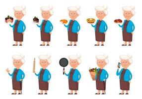 Grandmother cartoon character, set of ten poses vector