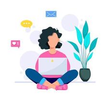 Happy young woman using her laptop at home vector