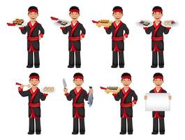 Japanese chef cooking sushi rolls vector