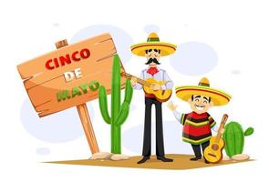 Cinco De Mayo. Two Mexican men in sombrero with guitar vector