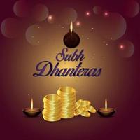 Ilustración creativa de la tarjeta de felicitación de celebración de shubh dhanteras con diwali diya y moneda de oro vector