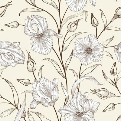 Floral seamless pattern. Flourish tiled background. Sketch drawing ornament with flowers iris