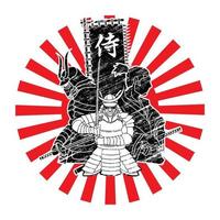 Group of Samurai Warriors Ready to Fight with Japanese Text Samurai vector