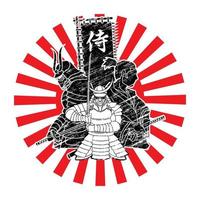 grupo de guerreros samurai listos para luchar con samurai de texto japonés vector