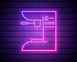 Glowing neon Coffee machine and coffee cup icon isolated on brick wall background. Vector Illustration