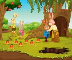 Escena de jardín con personaje de dibujos animados de la familia de conejos vector