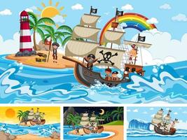 Cuatro escenas de playa diferentes con barco pirata. vector