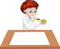 A boy wearing scientist gown with empty paper on the table vector