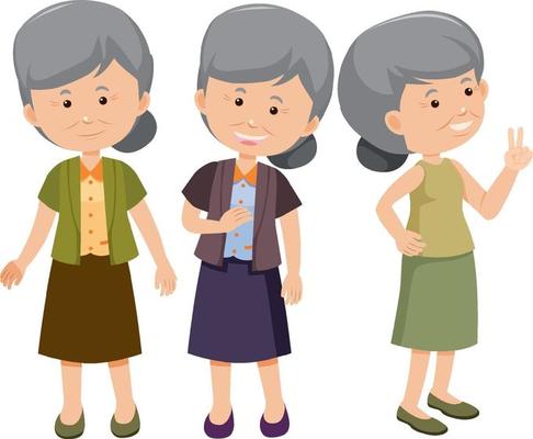 Set of old woman cartoon character with different positions