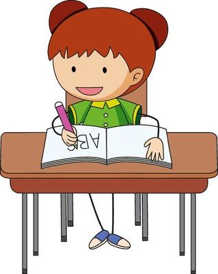 A girl doing homework doodle cartoon character