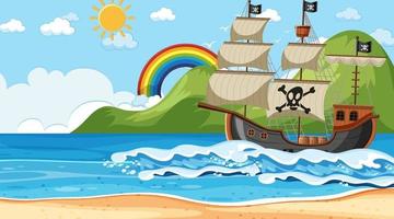 Ocean with Pirate ship at day time scene in cartoon style vector