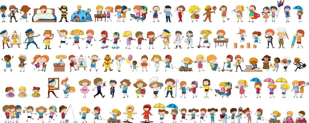 Set of different doodle kids cartoon character