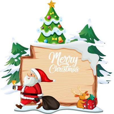 Merry Christmas font logo on wooden board with Christmas cartoon character on white background