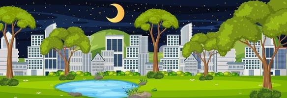 Park horizontal scene with cityscape background at night time vector