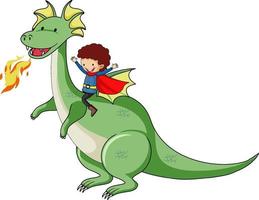 personaje de dibujos animados simple del dragón que escupe fuego y el niño héroe vector