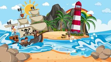 Beach at daytime scene with pirate kids cartoon character on the ship vector