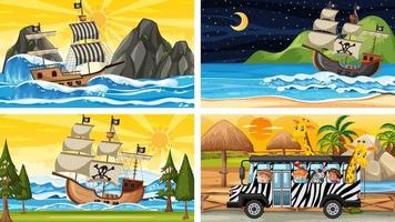 Set of different scenes with animals in the zoo and pirate ship at the sea vector