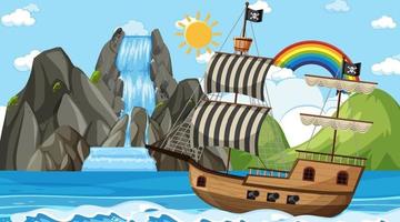 Ocean with Pirate ship at day time scene in cartoon style vector