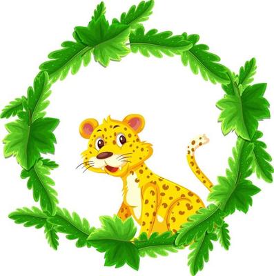 Round green leaves banner template with a leopard cartoon character