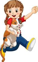 personaje de dibujos animados de niña feliz abrazando a un lindo gato vector