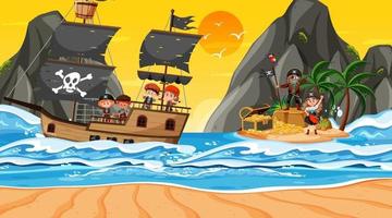 escena de la isla del tesoro al atardecer con niños piratas vector