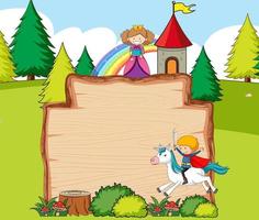 Empty wooden banner in the forest scene with fairy tale cartoon character and elements vector