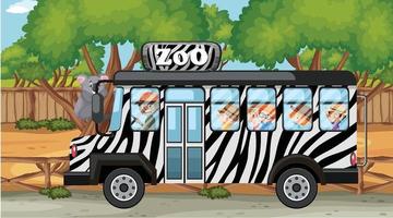 Escena del zoológico con niños en el autobús de gira. vector