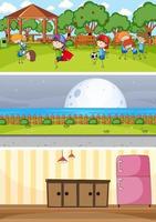 Set of different horizontal scenes background with doodle kids cartoon character vector