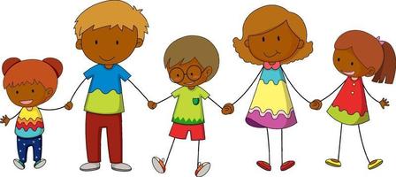 Three kids holding hands cartoon character hand drawn doodle style isolated