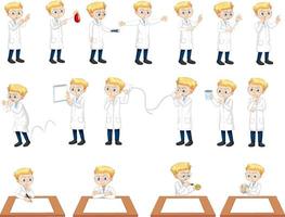 Set of a scientist boy in different poses cartoon character vector