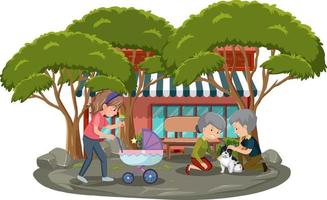 People in the park with many trees on white background vector