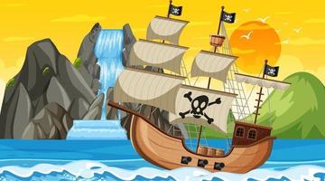 Ocean with Pirate ship at sunset time scene in cartoon style vector