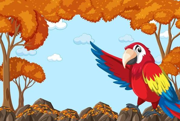 Parrot bird cartoon character in blank autumn forest scene