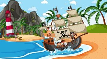 playa con barco pirata en la escena diurna en estilo de dibujos animados vector