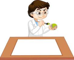 A boy wearing scientist gown with empty paper on the table vector