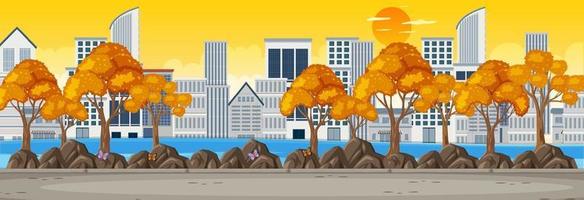 Park horizontal scene with cityscape background at sunset time vector