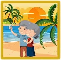 Una foto de una pareja de ancianos selfie juntos en la playa. vector