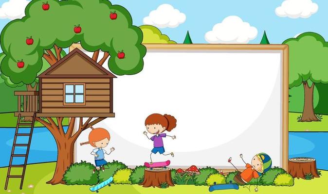 Blank banner in the forest scene with fairy tales cartoon character and elements