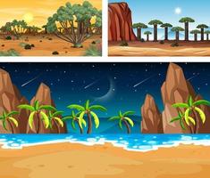 tres escenas de paisajes naturales diferentes. vector