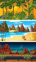 Tres escenas horizontales de bosque diferentes. vector