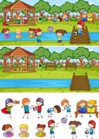 Set of different horizontal scenes background with doodle kids cartoon character vector