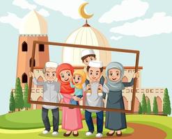 Happy family holding photo frame with mosque on the background vector